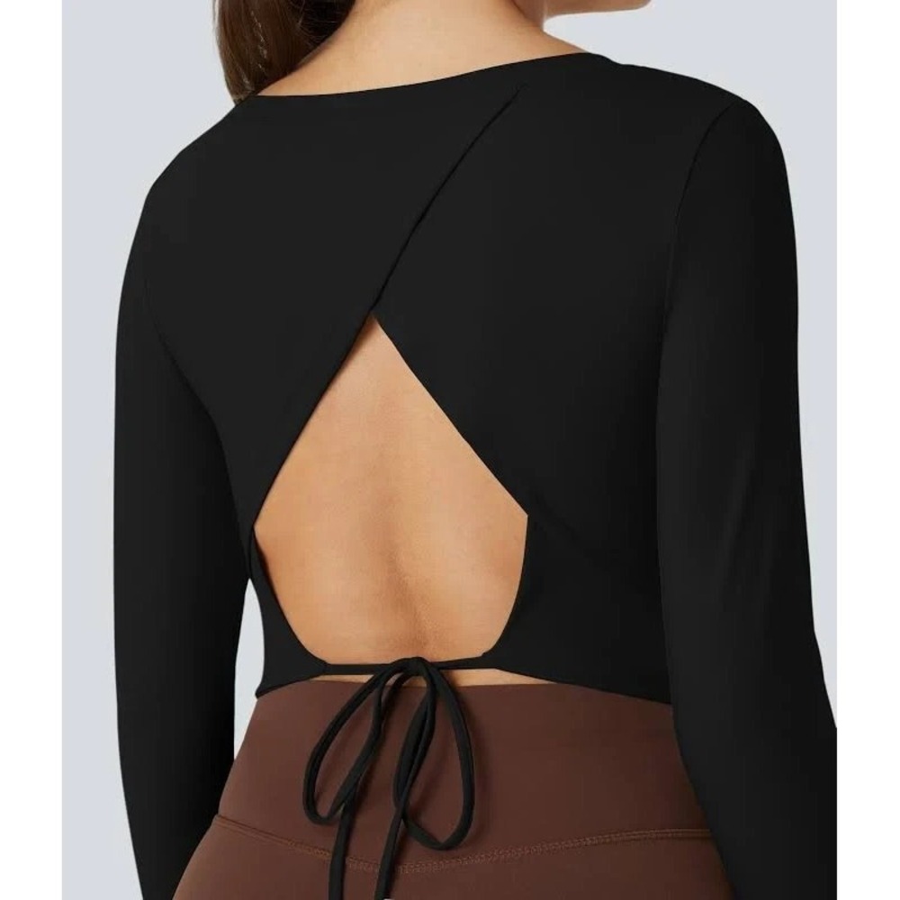 Halara Long Sleeve Backless Cut Out Tie Back Cropped Barre Ballet Dance Sports S